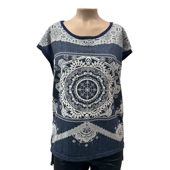 Desigual Geo Mandala Print Cap Sleeves Hi-Low Hem Tunic Top Lightweight Women M - Picture 1 of 12